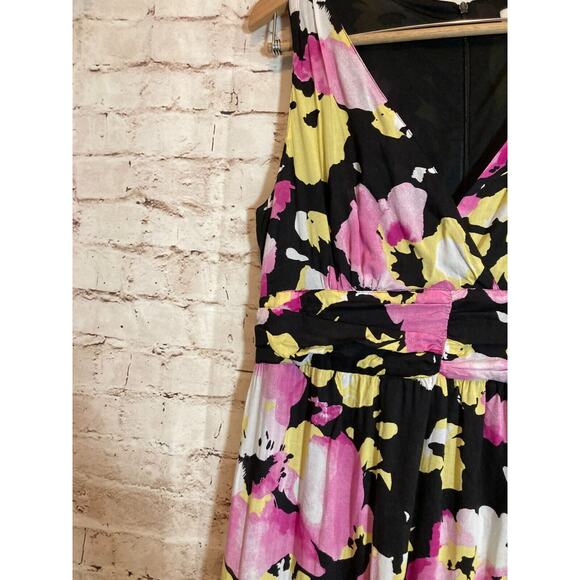 Old Navy Maxi Dress Womens 12 Black Pink Watercolor Floral Full Length Flowy Zip - Picture 9 of 16